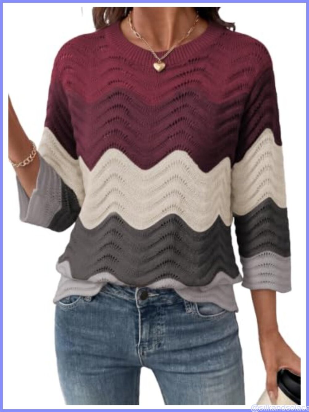Womens 3/4 Sleeve Crochet Wave Crewneck Loose Fit Sweater Top